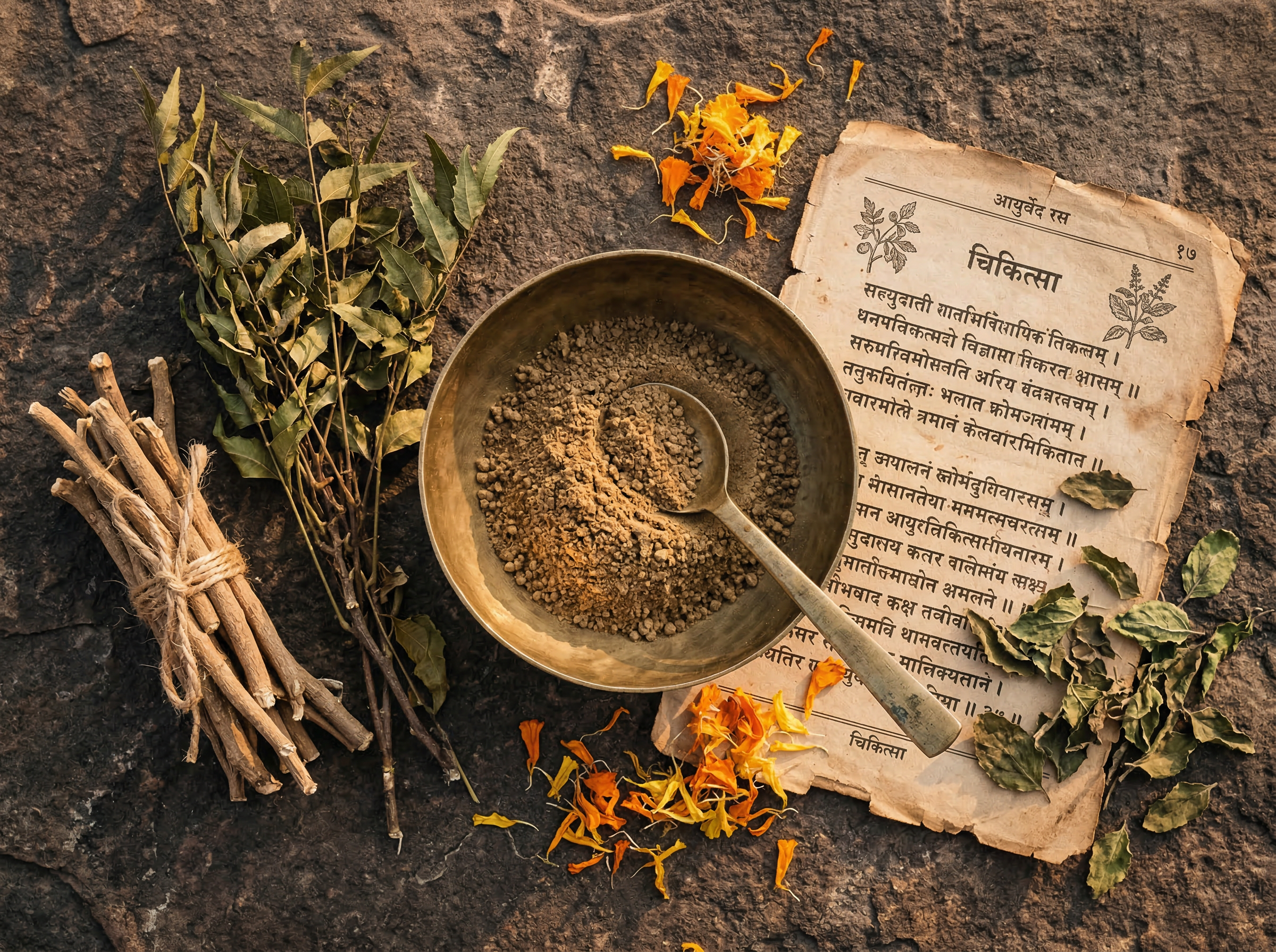Ayurvedic herbs, dried roots, and Sanskrit manuscript arranged on stone
