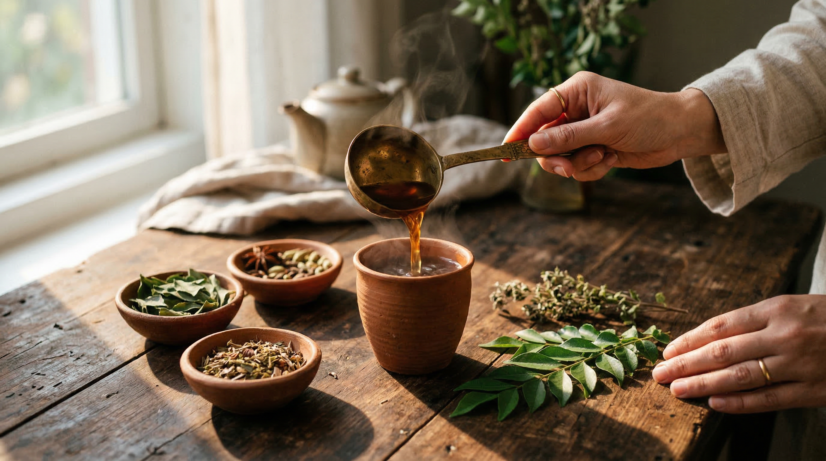 Hands pouring herbal decoction into clay cup